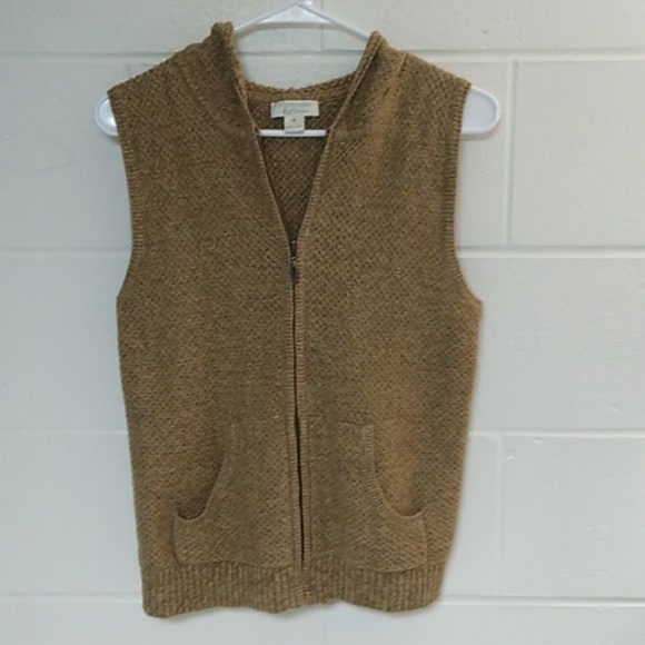 COTTON, TEXTURED, HOODED, ZIP FRONT, TAN MARLED, VEST - Picture 6 of 6
